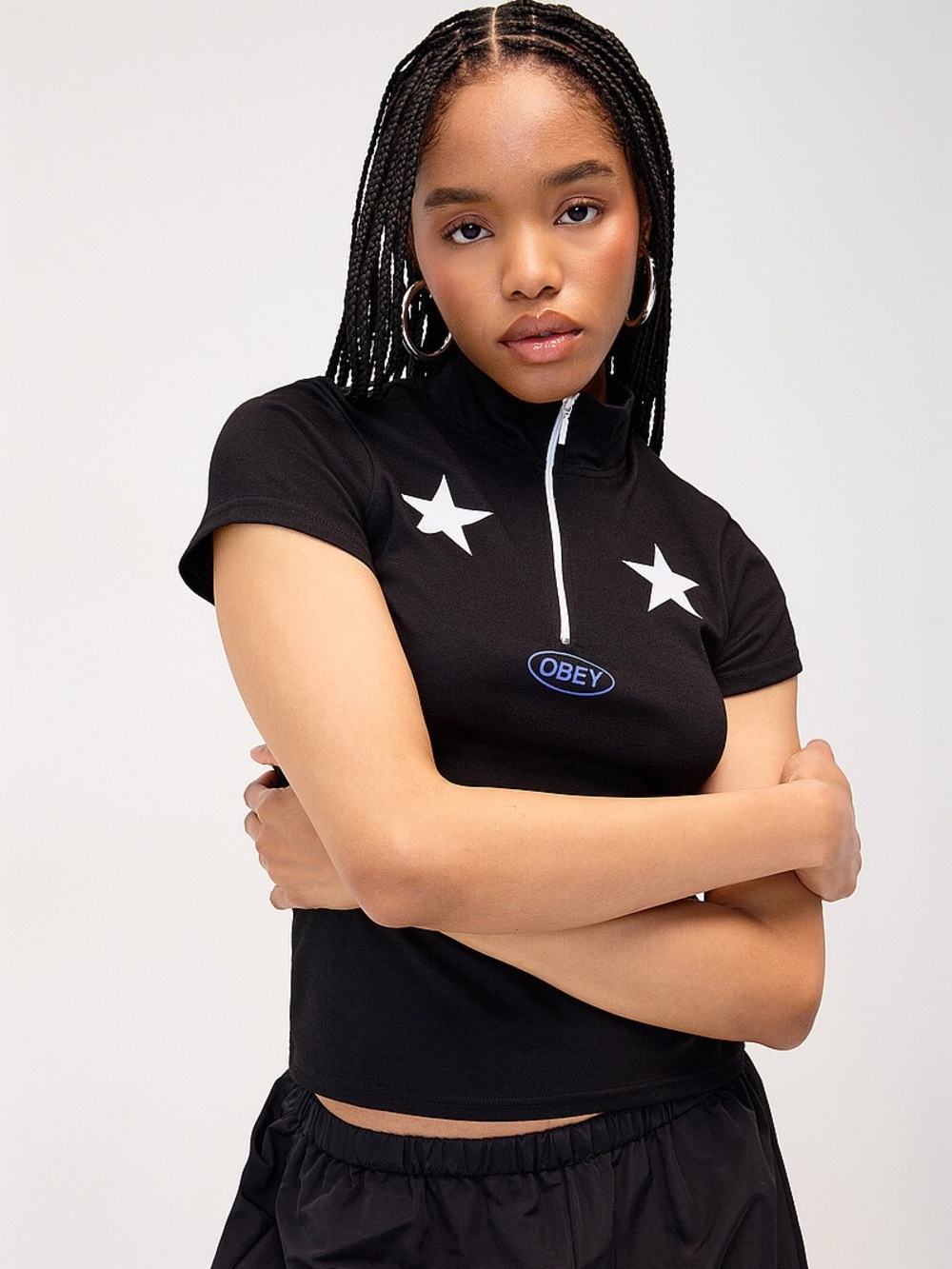 Obey Stars zippered mock-neck T-shirt NWT